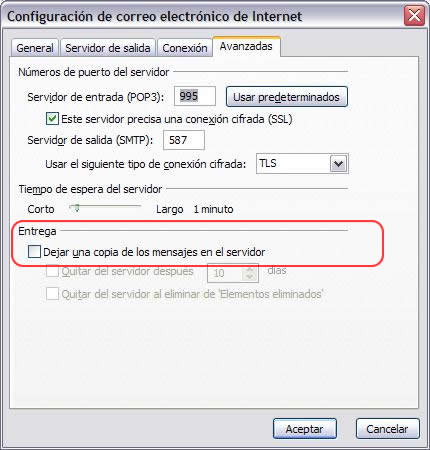 Cuadro de dilogo Configuracin de correo electrnico de Internet