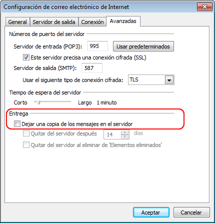 Cuadro de dilogo Configuracin de correo electrnico de Internet