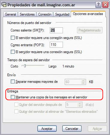 Cuadro de dilogo Configuracin de correo electrnico de Internet