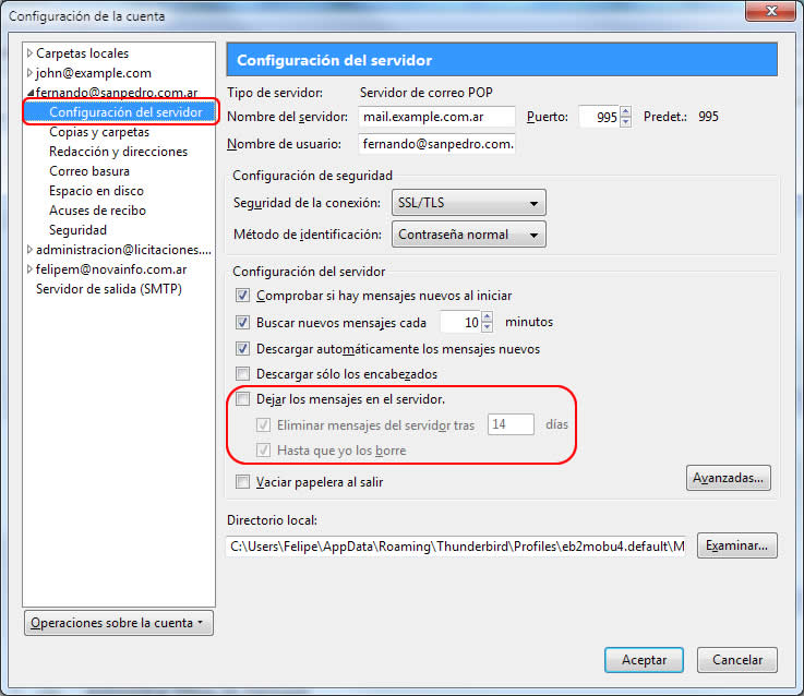 Cuadro de dilogo Configuracin de correo electrnico de Internet
